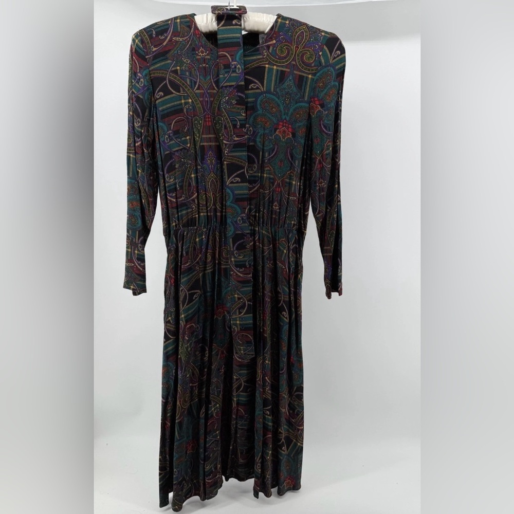 Vintage Bedford Fair Paisley Midi Dress Long Sleeve USA Made Women's Size 6